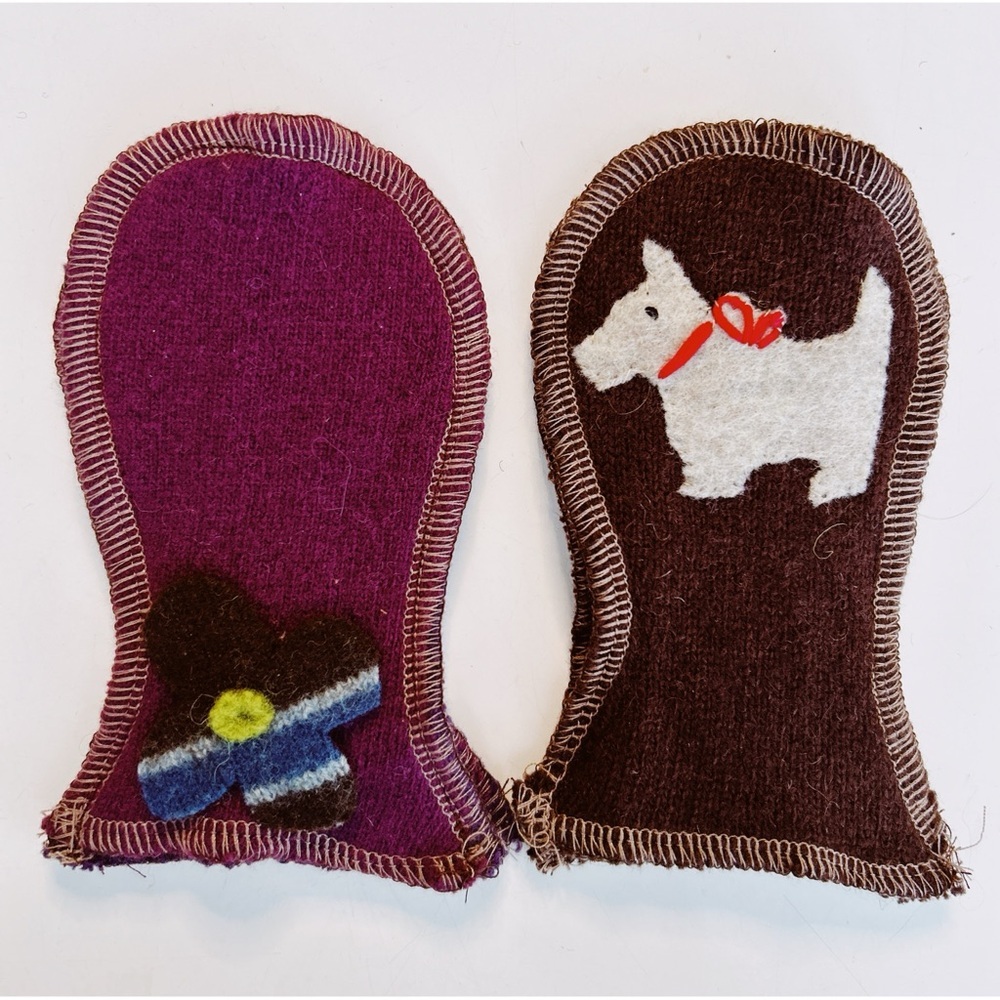 Handmade Recycled Wool Infant Mittens in Brown & Purple with Flower & Dog
